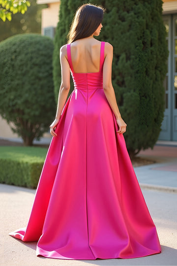 Robe de bal longue ligne à col carré fuchsia avec fente